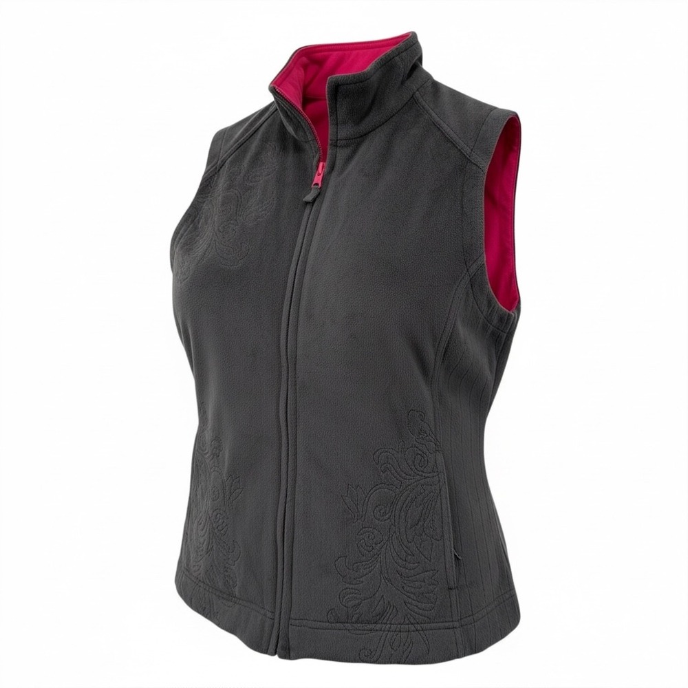 NWT Christopher & Banks Reversible Embroidered Vest Sz L Soft Gray Pink Gorpcore